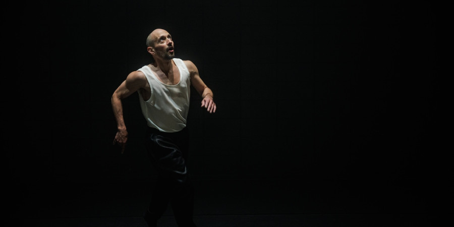 Das Bild zeigt den Tänzer Manuel Roque auf der dunklen Bühne. Er befindet sich in einer Aufwärtsbewegung mit dem Blick zur Decke gerichtet.